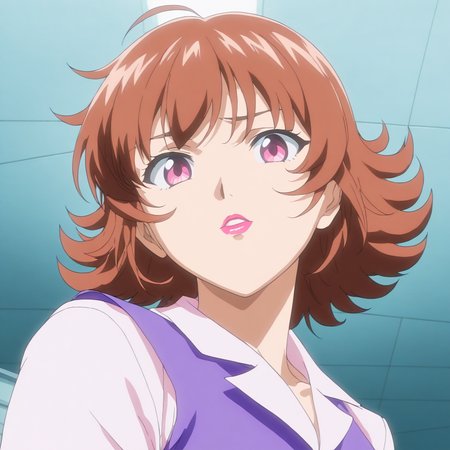 solo,looking at viewer,upper_body,portrait,masterpiece,high score,great score,absurdres,anime coloring,<lora:Madoka_Suehiro ag4o v1:1> madoka_suehiro, brown hair, short hair, pink eyes, lipstick,purple suit,vest,