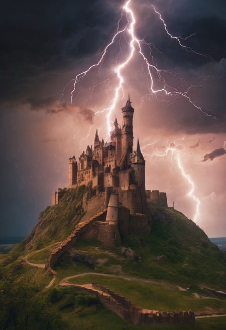 vary large lightning storm over a apocalyptic castle.
wide lens, long shot, 
 scenic background, epic landscape, scenery artwork, atmospheric perspective, scale, perspective distortion, perspective lines,
visible rivets, shadows, metallic sheen, utilitarian, functional, immersive, transport, technological, atmospheric, depth, dynamic composition, full body character portrait landscape,
style-rustmagic,