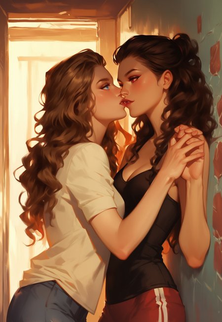 safe_pos, Score_9, score_8_up, score_7_up, score_6_up, score_5_up, score_4_up, 2girls, yuri, love, semi-realism, pseudo-realistic, seductive, hetero, beautiful, attractive, 
Break 
Girl with long hair, (two dyed hair silver and brown), blue eyes, wavy hair, pale skin, 
Break 
Another girl with long hair, dark brown hair, red eyes, slick hair
Break 
Kabedon pose, kabe-don pose, pressing her against a wall, standing, Slapping the wall, leaning on her, looking at each other, before kissing, 