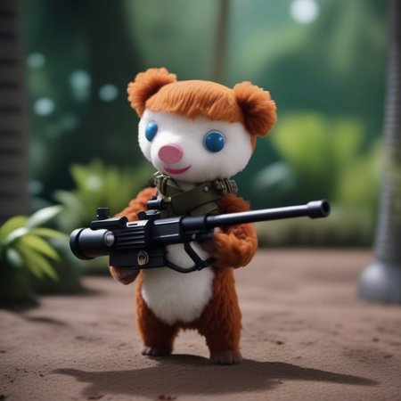 cinematic photo a stuffed animal holds a gatling gun, war, blood, jungle, helicopters <lora:Colargol1024:0.9> . 35mm photograph, film, bokeh, professional, 4k, highly detailed