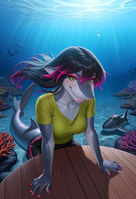 masterpiece, best quality, amazing quality, very aesthetic, high resolution, ultra-detailed, absurdres, newest, scenery, furry, anthro Shark, blushed, blush, blushing, detailed background, detailed hair, depth of field, slick glossy skin, photorealistic details, photorealistic , volumetric lighting, grin, sharp teeth, black hair, pink highlights, green highlights, smooth hair, silky hair, straight hair, thick eyelashes, pink eyeshadow, green eyes, fins, pink lips, Detailed face, detailed eyes, petite body, petite, suggestive smile, gills on neck, shiny hair, glossy hair, shark tail, fingernails, pink nail polish, medium breasts, shark ears, looking at viewer, cinematic lighting, dynamic lighting, t-shirt, miniskirt, sitting behind table, hands on table, date, on date, dating, sitting, sit, ((underwater, air bubbles, air bubble, floating hair, underwater cafe, underwater effect, water refraction, light ripples, water light ripples, underwater light patterns, dappled light, underwater light, completely submerged, submerfed cafe)), round cafe table, deep underwater, (ocean floor, underwater, deep sea, ocean depths, marine life, submarine landscape, coral reef, sea bed, abyss, underwater world, deep ocean, ocean trench, subaquatic, undersea, underwater scenery, sea floor, aquatic ecosystem), sit, sitting, sits behind table