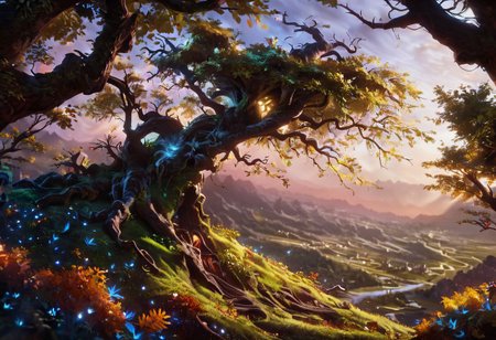 score_9, score_8_up, score_7_up, An incredible giant golden tree, (branches:1.2) (connecting:1.2) the (universe:1.2),(falling_leaves:1.2), (glowing_leaves:1.1）, fantasy, mythology, night, 
(elden_ring:1.2),(yggdrasill:1.2),sunlight,(dark_souls_style:1.2), (no_humans:1.2), glowing door at the  roots, tangled, massive, landscape,
8K Ultra HD, high detailed, intricate, elegant, highly detailed, artstation, concept art,smooth, illustration, high quality, concept art, realistic, golden, vibrant tree, modern city in the distance, skyscrapers in the background, lonely tree, forest, hill, flowers, light and shadows by reij-shdwgms city lights, gleaming doorway at the roots, golden glowing door under the tree,