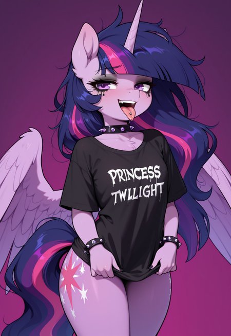 masterpiece, best quality, amazing quality, very aesthetic, absurdres, newest, solo. pony, mare, princess twilight 2, horn, wings, purple eyes, dark purple hair, long hair, tounge_out, spread_wings, simple_background, braclet_on_hoof, bracelet with spikes, tounge_piercing, wearing_t-shirt, t-shirt_folds, hair color stripes, black_color_stripes, messy_hair, black_lipstick, hoof_near_face, black_makeup, (text_on_shirt "princess-twilight")