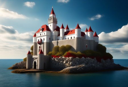 a (white stonework castle with red roofs) on a (rock spire) in a bay, (stone pier, Mole, Jetty), battlement, crenellations, Machicolations, rough sea, blue sky, clouds, sun beams, best quality, high Contrast,  masterpiece, realistic, photo-realistic, amazing, finely detail, ultra-detailed, highres, extremely detailed, 8k wallpaper, wizz style