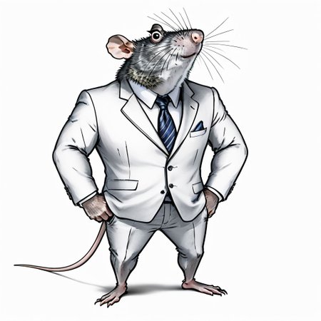 (roided randal:1.3), full body, smokling, tie, white background, anthropomorphic rat