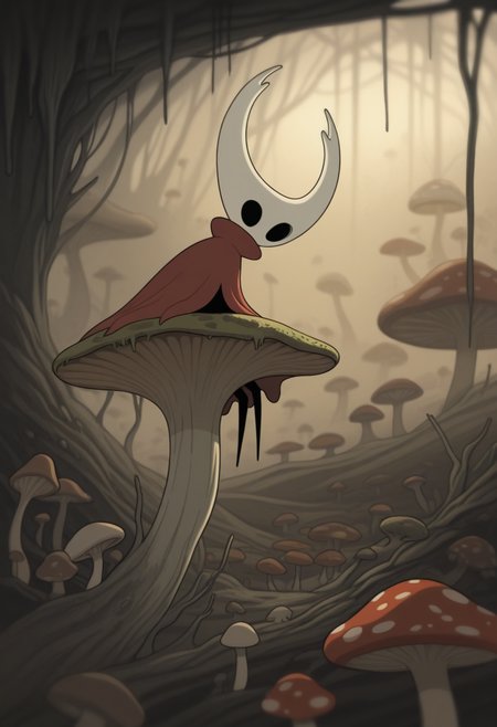 W411,   masterpiece, best quality, solo,                                                                                                                          hollow knight, white horns, black body, red attire, perched upon a mushroom,  victorian background, backlighting, fungal caves, spores, moss, mushrooms