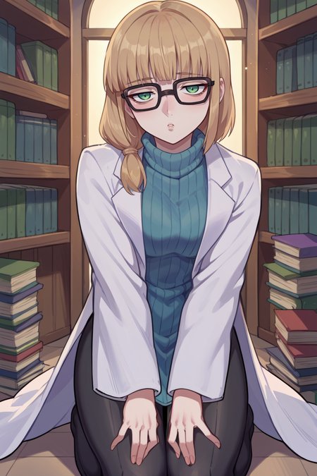 score_9, score_8_up, score_7_up, score_6_up, source_anime, BREAK 1girl <lora:pkmnoleana-pdxl-nvwls-v1-000005:1> pastOleana, medium hair, blunt bangs, tied hair, hair over shoulder, glasses, labcoat, blue turtleneck sweater, long sleeves, miniskirt, black pantyhose, kneeling, library, looking at you, chestnut mouth