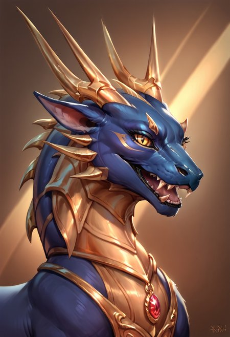 score_9, score_8_up, score_7_up, score_6_up, solo, masterpiece, ultradetailed, by reallynxgirl,  Eothos, Furry dragon,((feral)),  close-up, portrait, fangs, ((shiny gold eyes without pupils)), detailed background