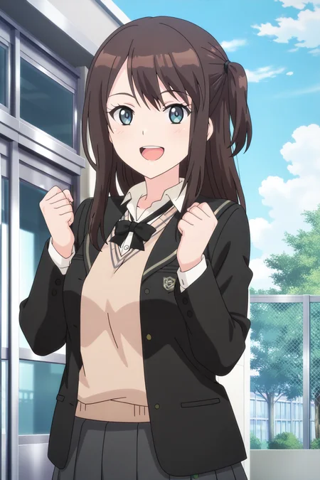 anime screenshot, tsuneki hikari, 1girl, solo, brown hair, long hair, one side up, blue eyes, medium breasts, school uniform, kibito high school uniform, black jacket, open jacket, brown sweater vest, white shirt, collared shirt, long sleeves, black bowtie, grey skirt, pleated skirt, looking at viewer, smile, open mouth, hands up, clenched hands, cowboy shot, outdoors, masterpiece, best quality, high quality, highres, absurdres,  <lora: tsuneki_hikari_ILXL:0.9>