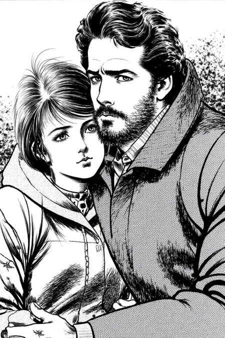 1keryo illustration.
A tender moment between a man and a young woman, seated closely together. The man is holding the young woman tightly around her shoulder. The man, on the right, has a rugged, bearded face with a stern expression. He has short, curly hair and is dressed in a heavy, textured coat, suggesting a cold environment. The young woman, on the left, has a bob cut. <lora:1keryo1_cap_d6a3e12:1.0><lora:826543495503317923:0>