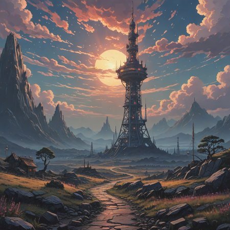 anime pixel art, landscape of a Sovngarde in the distance there is a Telecommunications tower, Neat, 35mm, studio anime ,8k, masterpiece, best quality, hyperrealistic, superrealistic, photorealistic, ultra sharp, 16 bit colors, highres,