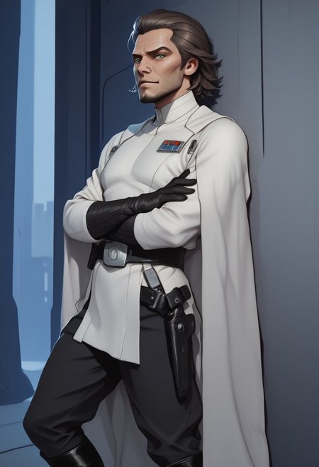 highres, very detailed, amazing quality, masterpiece,
very aesthetic, particle effect, solo, 1boy, 1male, green eyes, looking at viewer, slight muscle tone, skin, strong face, solo, toned arms, white cape, short brown hair, slicked back hair, goatee, rogue smirk, Jedi, holstered E-11, sci fi theme, Star Wars theme, looking at viewer, tough pose, cocky, crossed arms, leaning back on wall, nighttime, City background, GE_Uniform, black boots, black pants, imperial-tech, imperial-style, black short gloves, white captain uniform, dynamic lighting, DS-Illu, createconcept,