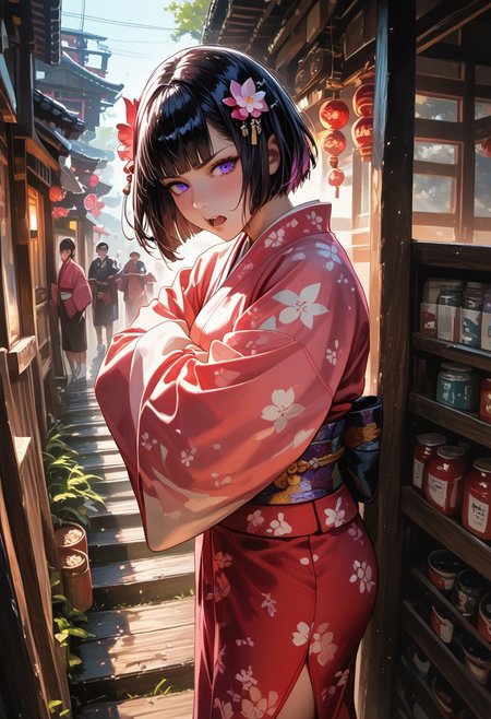 score_9, score_8_up, score_7_up, rating_questionable, cinematic lighting, cold lighting, dust, steamy, (((vibrant colors))), ((line art)), source_comic,
eye-catching, absurd surreal masterpiece, high_quality, highres,
detailed eyes, eye reflection, shigure, black hair, bangs, blunt bangs, purple eyes, short hair, hair ornament, hair flower, japanese clothes, kimono, pink kimono, print kimono, floral print, flower, long sleeves, wide sleeves, obi, tabi, socks, white socks, sandals, brown footwear, outdoors, new year, 1girl, blush, tsundere, blush, closed eyes, sweatdrop, open mouth, from side, crossed arms,
[layered_composition], high_contrast, oil painting style, background, eye-catching colors foreground, gradient,