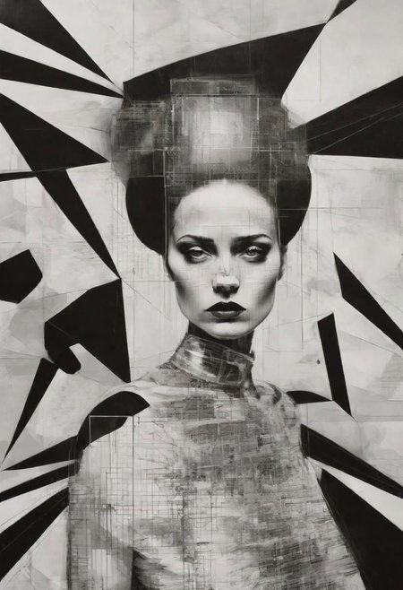 pop surrealism, rough crosshatch drawing pop art Lunatic_Portrait of a girl in latex, slick back, low bun, black makeup, sinister expression, intense glare, avant-garde, abstract, weird, geometric, constructivism, suprematism, rayonism, verticism, lineism, tj