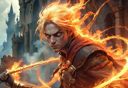 Dynamic action shot of a spinning Alucard assassin swinging a flaming whip while on an outer castle wall high above the ground, video game character, Prince1024, SOTN, 
extremely detailed background, IBG,  background focus, pink and orange skies, 
candid shot, 
hyperdetailed realistic illustration, intricately detailed, highest quality, implied motion, 
BREAK, ultra level of detail and precision in the art, masterpiece, mixed media, intense mood, detailed shading, extreme wide-angle view, motion blur, ray-traced, semirealistic, 
subsurface scattering, light leaks, soft shadows, film grain, Dutch angle, cinematic composition, mystic haze, dusty atmosphere, HDR, complementary colors, vibrant colors, golden-hour, fisheye view, colorful palette,