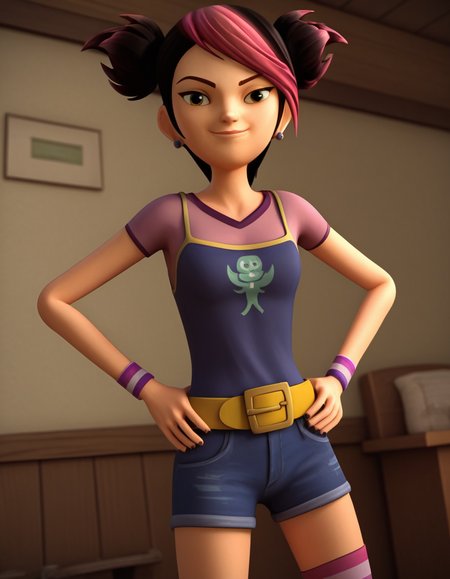 score_9, score_8_up, score_7_up, source_anime, <lora:miko-nakadai-cartoon-ponyxl-lora-nochekaiser:1>, miko nakadai, short hair, black hair, pink hair, multicolored hair, two-tone hair, twintails, streaked hair, 3d,, jewelry, earrings, wristband, camisole, shirt, short sleeves, striped, striped kneehighs, belt, shorts, denim,, indoors, smug, smile, looking at viewer, solo, hands on hips,, cowboy shot, dutch angle