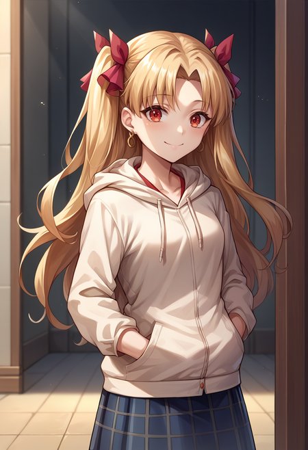 score_9, score_8_up, source_anime, Ereshkigal, two side up, hair ribbon, indoors, plaid skirt, hoodie, smile, hands in pockets, <lora:CHAR-EreshkigalPonyXL:1>
