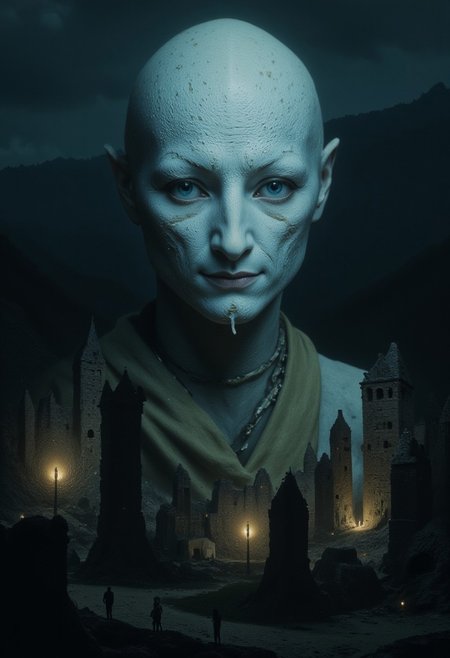 Ethereal humanoid figure with translucent pale skin that shimmers in moonlight, abnormally large reflective blue eyes adapted for night vision, Covered in shadows, stocky build, light blonde hair. Dressed in simple clothing, standing near ancient stone fortress ruins in Appalachian mountains. Nocturnal being who retreats from sunlight. Medieval fantasy style, mystical atmosphere, moonlit scene, in the style of ck-ncr,
