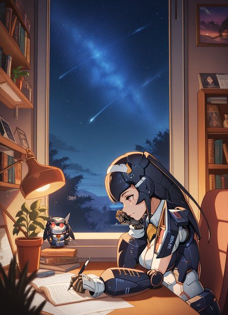 masterpiece, best quality, amazing quality, highres, absurdres,
1girl, adult, 
stunning attractive cute 28-years-old woman, robot girl, 
<lora:Lisa_-_PSO2_-_Illustrious:1> Lisa-PSO2, Lisa-cast,
 <lora:LofiGirl_Style_IXL:1> zzLofi, sitting, side view, desk, chair, book, bookshelf, head rest, holding, holding pen, lamp, night, open book, pen, plant, potted plant, sky, star (sky), starry sky, window, windowsill, writing, spacecraft interior,