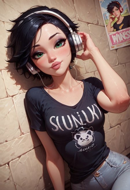 safe_pos, sexy 20 year old, tomboy, ((short black hair)), thick puffy lips, ((thick glossy lips)), soft makeup, long eyelashes, bold eyeliner, hourglass figure, small breast, ((black t-shirt)), ((grey jeans)), oily skin, flirty, feminine, seductive, alluring, slutty, ((flirting)), white skin, detailed eyes, ((big expressive green eyes)), score_9, score_8_up, score_8, anime, ((white wireless music headphones)), listening to music, leaning against wall, music posters, 
