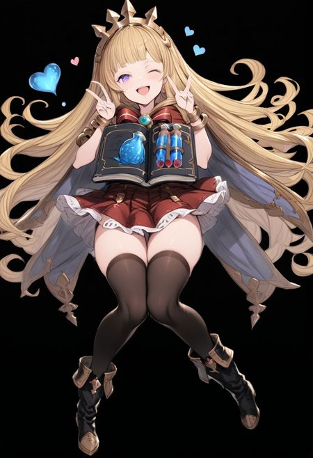 masterpiece, best quality, ultra-detailed, beautiful, nai3, 1girl, solo, full_body, tachi-e, 
cagliostro \(granblue fantasy\), 1girl, ;d, arm guards, black footwear, black thighhighs, blonde hair, blunt bangs, blush, book, boots, bracelet, cape, full body, glowing, heart, holding, holding book, jewelry, knee boots, knees together feet apart, liquid, long hair, looking at viewer, one eye closed, open book, open mouth, purple eyes, red ribbon, red skirt, ribbon, signature, simple background, skirt, smile, solo, test tube, thighhighs, v, very long hair, white background