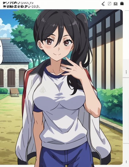 score_9, score_8_up, score_7_up, source_anime, <lora:seiri-fukiyose-indexs2-ponyxl-lora-nochekaiser:1>, seiri fukiyose, long hair, black hair, brown eyes, hair between eyes, anime screencap,, large breasts, shirt, jacket, shorts, gym uniform, blue shorts, track jacket, jacket on shoulders, gym shorts, village, houses, community, rural, farms, smile, <lora:sidetail-miku-noodle-stopper-ponyxl-lora-nochekaiser:1> sidetail miku noodle stopper, sidetail miku noodle stopper (meme), meme, side ponytail, hand up, blush, smile, bed room,, cowboy shot, looking at viewer,, looking at viewer, solo,, dutch angle, cowboy shot