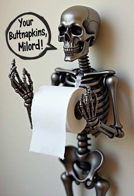 A skeleton-shaped toilet paper holder, tungsten material, hands raised, presenting a roll of toilet paper, a speech bubble coming out saying "Your Buttnapkins, Milord", highly detailed, realistic, masterpiece