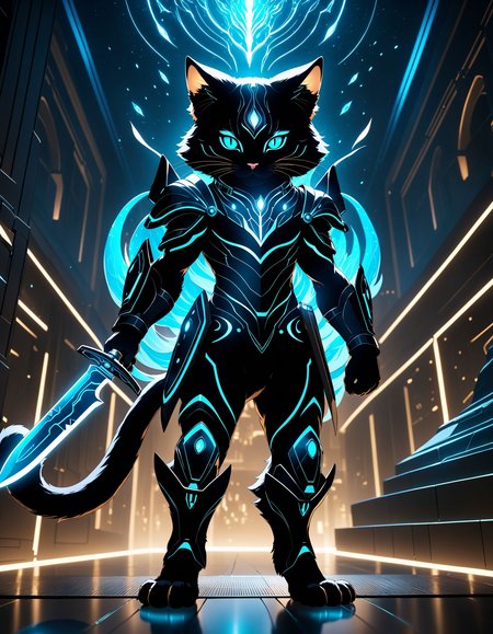 furrydskstyle, solo, looking at viewer, 1boy, tail, full body, weapon, male focus, glowing, cat, knife, glowing eyes, furry, bioluminescent, cinematic angle, cinematic lighting, foreshortening, depth of field, detailed background, masterpiece, best quality , official art , <lora:furry_SDXL:0.8>