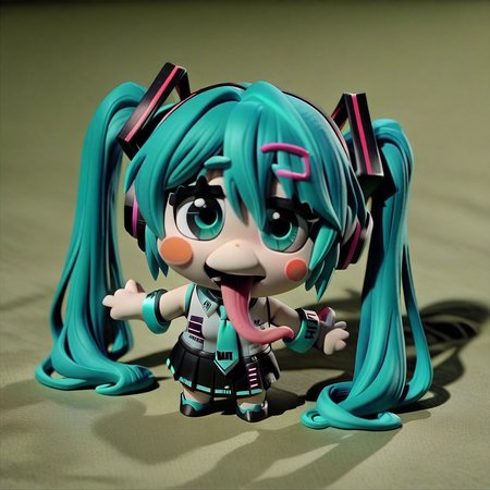 <lora:claymation-style_a31_xl_1:1>,claymation-style,<lora:chibi_tongue-out_a3.0:1>,chibi, tongue out, long tongue, full body,(masterpiece),(best quality),1girl, hatsune miku, twintails, necktie, solo, skirt, shirt, aqua hair, black skirt, aqua eyes, detached sleeves, long hair, sleeveless, white shirt, open mouth, white background, aqua necktie, black sleeves, sleeveless shirt, outstretched arms, very long hair, blush stickers, pleated skirt, hair ornament, miniskirt, bare shoulders, musical note