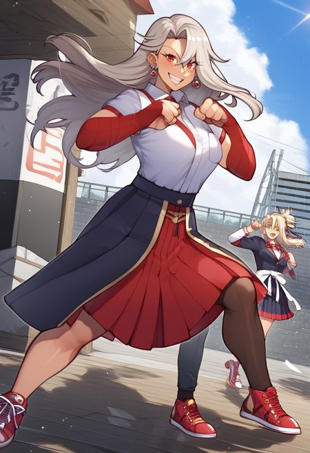 score_9, score_8_up, score_7_up, source_anime, source_sukeban deka, source_illyasviel_von_einzbern, (perfect composition), cartoon, illyasviel_von_einzbern reimagined as a sukeban delinquent girl in black seifuku, mature_female, silver hair, holding yoyo, combat pose, full body, flowing hair, hair between the eyes, asymmetrical hair, red eyes, delicate facial features, sukeban deka clothe, looking_at_viewer, outdoors, background tokyo, woman in a 80's sukeban seifuku standing on a set of strees, black seifuku, 80's japanese sukeban photo, sukeban seifuku, 80's japan, sukeban, long black skirt, red converse, full body, light skin tone female, full body, tape, arm_support, gloves, red_gloves, bridal gauntlets, blackred_footwear, fighter outfit, full body, hourglass, mature face, cheeky smile, cheeky face, wrinkles,( silver long hair, earrings, ear piercings), (fighting art, Martial arts, standing, fighting_stance, fight, fighting), extra colors, 2D, megapixel, perfectionism, accent lighting, full HD , 4K, masterpiece, , (Masterpiece:1.2), (full-body-shot:1),(cowboy shot:1.2), (Highly detailed:1.2),(anime Detailed Face:1.2), Colorful, A detailed eye, (Detailed landscape:1.2), (natural lighting:1.2), ((sukeban school teacher))  Anamorphic Shot, rule of thirds,  ((street of rage 4 city backround)), fictive city backround in the style art of street of rage 4,illyasviel von einzbern ubw, long hair, white hair, red eyes,