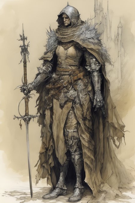 John Blanche Style - last knight of a company, seeking redemption, ink painting, wearing dress, full body, high fantasy, video video game, hyper stylized, character design, concept art, fantasypunk, fusion of brian froud and amy sol and jean - baptiste monge and don bluth
