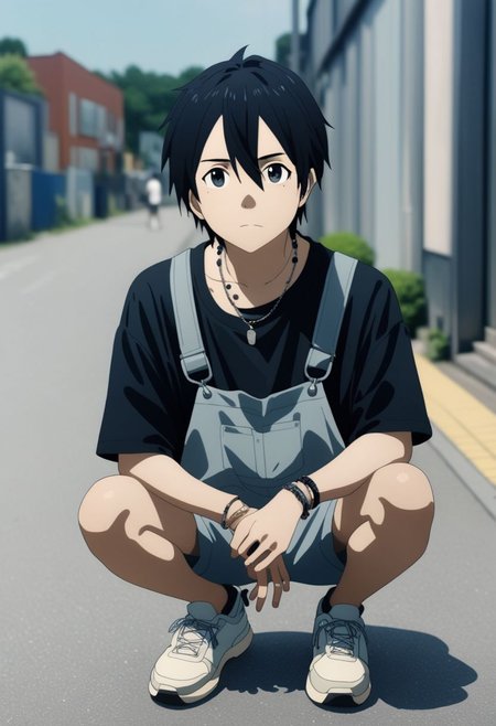 high resolution, professional photography, best quality, 1Boy, Kirigaya Kazuto, Black Hair, Black Eyes, overalldetail, lofi, candid, squat, depth of field, shirt, photo model, looking at viewer, bracelet, necklace, sneakers