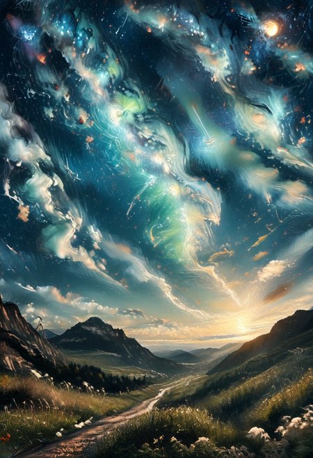 style of Vincent van Gogh, A beautiful landscape with a vibrant night sky filled with twinkling stars, aurora borealis, and a bright full moon. 
starry_morph, 
score_9,score_8_up,score_7_up, rating_safe, beautiful, painterly, detailed, textural, artistic, aesthetic, 
, dreamy, moody, ,