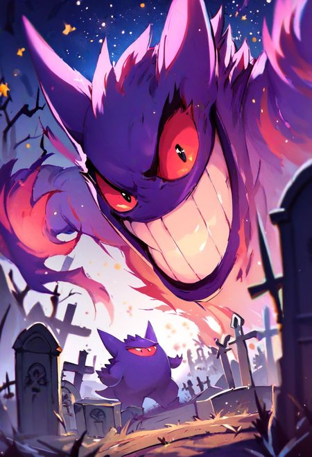 score_9, score_8_up, score_8,
gengar, solo, no humans,  red sclera,  v-shaped eyebrows, black eyes, evil smile, 
graveyard, starry sky, dynamic pose, graveyard, dark theme, bokeh, depth of field, 
looking at viewer, white background