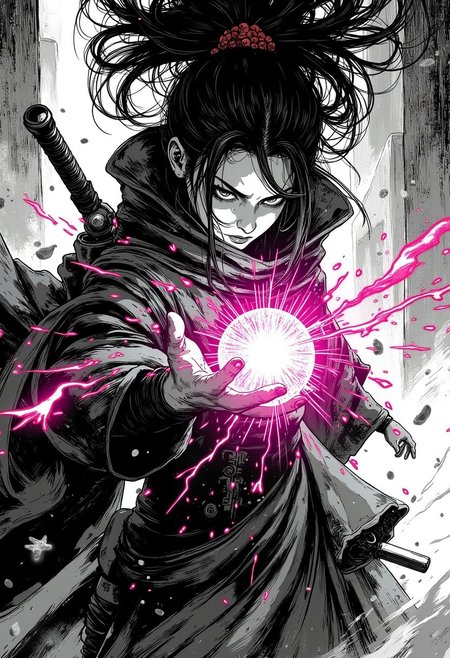 hkmagicNistyle, Close-up of a fierce sorceress in a flowing, high-collared mystical robe, her hands outstretched as she fires a glowing bleaked orange/pink magical orb. The orb crackles with energy, surrounded by intense motion lines, drawn with fast, expressive strokes. Her expression is fierce and determined, adding tension to the scene. Her high collar frames her face dramatically, and strands of her hair flow wildly in the magical winds. The image is primarily in black and white, with high-contrast details and intricate textures of her robe, accented by subtle green highlights from the glowing orb, adding depth and intensity to the composition.