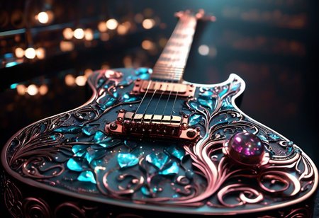 RAW photo of a very detailed reflective guitar with whimsical elements, dark studio, magical glowing podium, the rom is dark, only light of source is the guitar, cyan and pink neon, complimentary colors, reflective enviroment, spot lights, fantasy style, 90% black and 10% gold colors, big white diamonds on the guitar, strong depth of field, darkness, dramatic light, dusty black theme, intricate details, ultra sharp, exquisite detail, flawless composition, vivid colors, masterpiece, exciting background,  timeless elegant and Exquisite Copper Ornaments