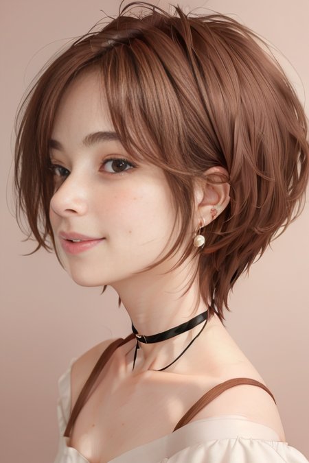 (1girl), (best quality), (masterpiece), (high resolution), (intricate details), (photorealistic), (cinematic light),  <lora:short_hair:0.8>
solo, brown hair, nape, blurry, upper body, blurry background, wavy hair, smile,  realistic, looking at viewer, lips, upper body, off shoulder, shirt
white background, upper body, brown eyes, closed mouth,  profile, lips, nose, portrait, earrings, parted lips, black choker, ear piercing
sleeves past wrists, simple background