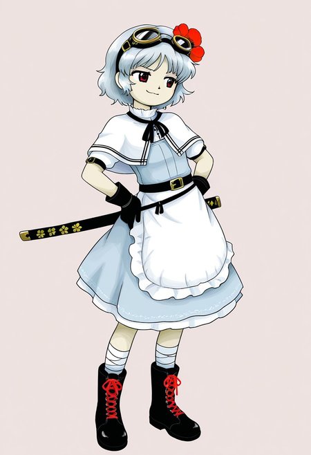 watercolor, aesthetic, colorful, jaggy lines, zun \(style\), BREAK, 1girl, solo, (short, small body, grey hair, short hair, red eyes, black tanker goggles on head, flower in hair, poppy flower in hair, white capelet, white sleeves, short sleeves,  katana sheath, white apron, light blue dress, white leg wraps, black gloves, black boots, red laces, black belt), standing, laughing, grinning, smug, hands on hips, leaning back, simple background,