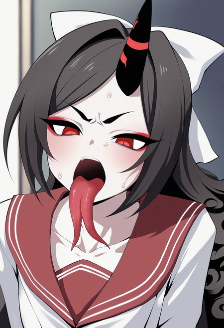 masterpiece, best quality,,detailed_background,indoors,throat,1girl,black horns,highres,multicolored skin,red sailor collar,curved horns,tongue,absurdres,collarbone,long hair,renge \(blue archive\),single horn,close-up,asymmetrical bangs,japanese clothes,curly hair,red skin,ryuki \(red dolphinman\),sailor collar,blue archive,red eyeshadow,hair intakes,colored skin,haori,sweat,tongue out,bow,makeup,teeth,red eyes,two-tone skin,hair bow,eyeshadow,forked tongue,open mouth,horns,eyeliner