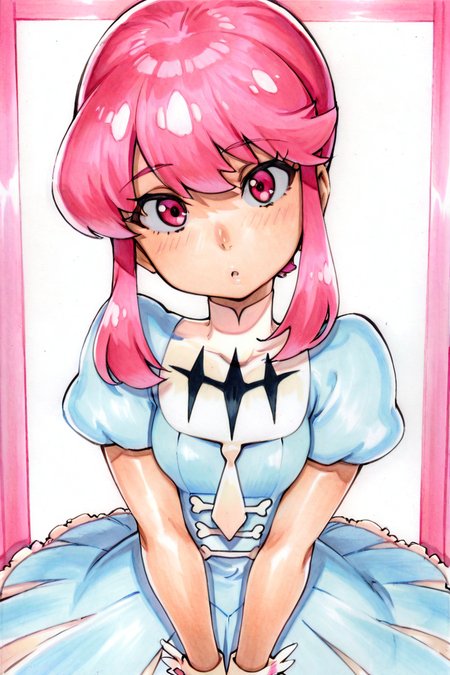 marker \(medium\), traditional media, masterpiece, best quality,absurdres, ultra-detailed, high resolution, high quality, 4k, beautiful eyes, solo, score_9, score_8_up, score_7_up, score_6_up, score_5_up, score_4_up, 1girl, smooth skin, BREAK
Jakuzure_Nonon, Jakuzure_Nonon, pink_eyes, pink_hair, short_hair_with_long_locks, small_breasts, no hat, blue_dress, turtleneck_dress, white_necktie, puffy_short_sleeves, frills, wrist_cuffs, 