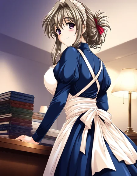 score_9, score_8_up, score_7_up, source_anime, rating_explicit, BREAK  <lora:Tomosato_Shiori_Ver2.0_XL:1> TomosatoShiori, brown hair, large breasts, purple eyes, hair intakes, hair ribbon, red ribbon, folded ponytail, solo,
1girl, solo, maid, book, apron, maid headdress,  smile, looking back, long sleeves, ribbon, indoors, lamp, breasts, blush, looking at viewer
smile,
looking at viewer, 
cowboy_Shot,