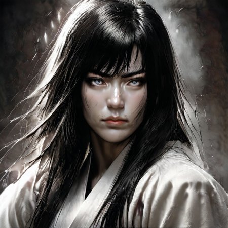 score_9, score_8_up, score_7_up,, masterpiece, excellent quality, long hair, black hair, grey eyes, gray eyes, high cheekbones, very wide face, flat nose, grim expression, muscular female, white kimono, expressionless, epiCPhoto, pale eyes, asian face, japanese woman, japanese face