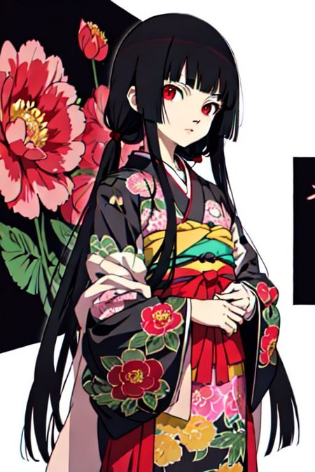 enma ai, hair down, hair black, bangs, eyes red, masterpiece, best quality, ultra-detailed, illustration, 1girl, solo, highres, photorealistic, ultra high res, (Original illustration composition), (fusion of limited color,Maximalism artstyle, kimono obi fashion, double exposure, background, illustration, Amazing, lily spider, night darkness, open one's mouth, middle finger show, bouquet flowers red, low twintails, (polychromatic peony:1.15), Movie poster,