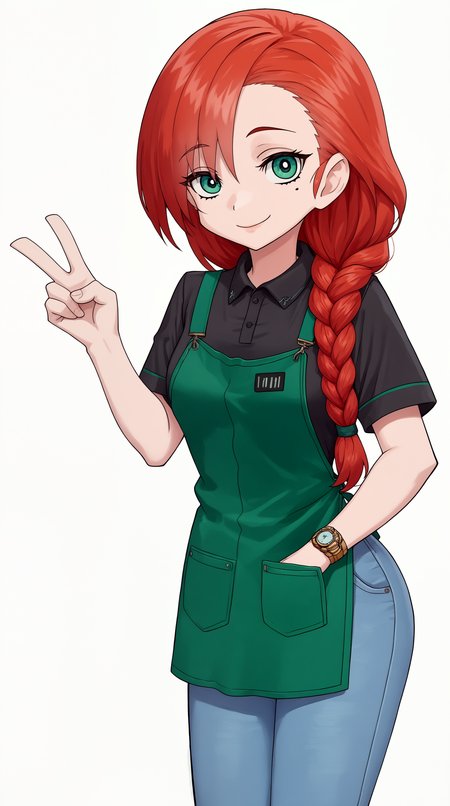 score_9, score_8_up, score_7_up,anime_source, source_anime, best background, detailed background, anime screencap,simple background, white background,    zzzemoji, leaning forward, pose, aside, v-sign,  yasuka, 1girl, solo, apron, red hair, braid, pants, shirt, long hair, green apron, jeans, green eyes, denim, black shirt, uniform, short sleeves, smile, looking at viewer, mole under eye, collared shirt, employee uniform, hair over shoulder, mole, single braid, wristwatch, closed mouth, blue pants, breasts  <lora:Yasuka_PONY:0.8>  <lora:ZZZ_Emoji_style_PONY:1>