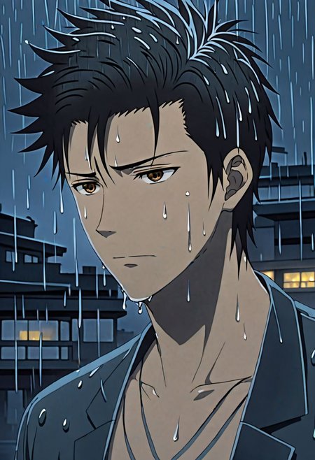 Highres, Masterpiece, High Quality, 4K, 8K, solo, 1Boy, Soujirou Agata, brown eyes, black hair, wet, slippery, heavy rain, dark, looking down, sad, heartless, wet hair, city night, easynegative, detailed_eye_model