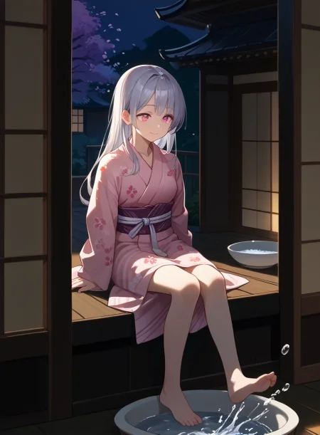 score_9, score_8_up, score_7_up, source_anime, BREAK
<lora:Splashing_With_Foot_Pony:1>
full body, straight-on,
1girl, solo,
sitting on veranda, soaking feet in large basin, leg up, splashing, barefoot, short yukata, floral print kimono, gradient kimono,
turning head, looking away, light smile, pink eyes, silver hair, long hair, arms at sides,
evening, outdoors,