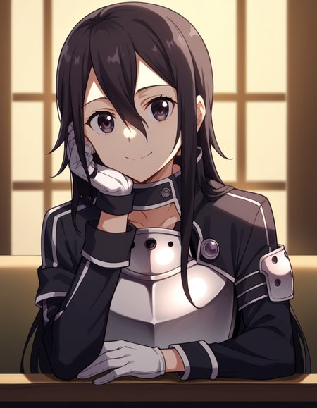 score_9, score_8_up, score_7_up, source_anime, <lora:kazuto-kirigaya-s2-ponyxl-lora-nochekaiser:1>, kazuto kirigaya, long hair, black hair, male focus, black eyes, otoko no ko, androgynous, hair between eyes,, gloves, armor, breastplate, belt, long sleeves, black jacket,, indoors, smile, looking at viewer, solo, sitting, head rest,, cowboy shot, dutch angle