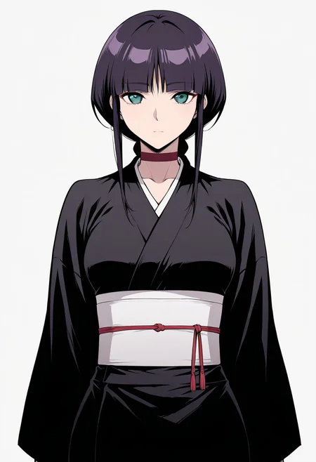 masterpiece, best quality,
1girl, solo, cowboy shot,
standing,
looking at viewer,
simple background, white background,
 <lora:kurotsuchi_nemu:1> K0r0ts0ch1N3m0, purple hair, black hair, green eyes, single braid, long hair, blunt bangs,
japanese clothes, kimono, choker, black kimono, sash,