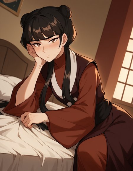 score_9, score_8_up, score_7_up, source_anime, <lora:mai-book2-ponyxl-lora-nochekaiser:1>, mai, sidelocks, long hair, black hair, lunt bangs, hair bun, double bun,, chinese clothes, turtleneck, long sleeves, wide sleeves,, indoors, bed, bed room, on side, blush, drunk, looking at viewer, solo, cowboy shot, dutch angle