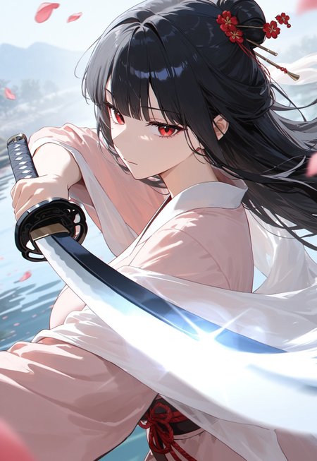 masterpiece,best quality,amazing quality,newest,absurdres,highres, newest,very awa, scenery,  anime,low contrast,low saturation,
(dutch angle:1.4), from above,from side, close up,
1girl, beautiful face, perfect eyes, detailed eyes,mature female,slim body,
black hair,long hair, straight hair,blunt bangs, chinese hairpin,hair bun,
red eyes,looking at viewer, expressionless,
large breasts, shawl,
pink hanfu, light teal trim, holding sword,  sword stance, (katana),(sword point toward viewer:1.4), spinning, slashing, motion lines,
, reflection,wuxia,(chinese knot),
(plum blossom:1.4), petals,(wind), glint,pond, ripple,
volumetric light,photo background,blurry background, blurry foreground, (foreshortening:1.4),(out off frame:1.4), depth of field,lens flare, chromatic aberration 